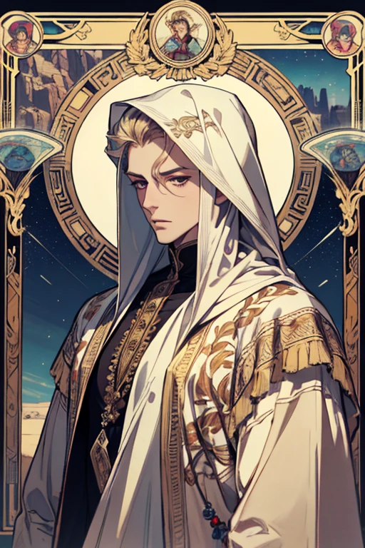 (absurdres, highres, ultra detailed), 1 male, adult, handsome, tall muscular guy, broad shoulders, finely detailed eyes and detailed face, the fool \tarot\, desert, camel, middle eastern clothes, Symbolism, Visual art, Occult, Universal, Vision casting, Philosophical, Iconography, Numerology, Popularity, Artistic, Alfons Mucha
