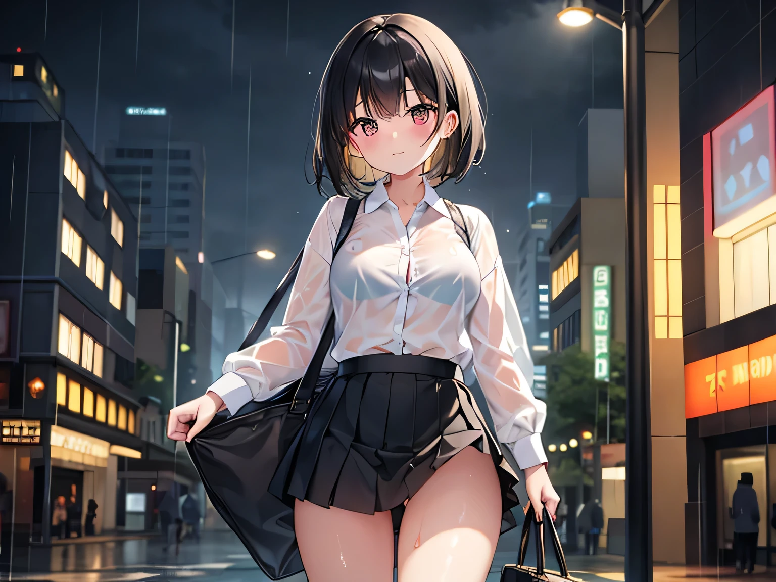 (Masterpiece, top quality, high resolution, realistic photo, realistic looking skin:1.1),
(Woman standing in the rain: 1.8),
(woman's collared shirt is wet from the rain and her bra is showing through: 1.8), 
(blushing and embarrassed:1.5),
(She is wearing a white collared shirt and a black mini-skirt:1.8),
(She is wearing a white bra and white panties:1.8),
(She is carrying a business bag:1.8),
(She has medium black hair:1.5),
(Location is downtown at night where there are many bars: 1.5),
1 Japanese girl, solo, full bodied esbian, beautiful eyes, glowing eyes, glowing thighs, NSFW