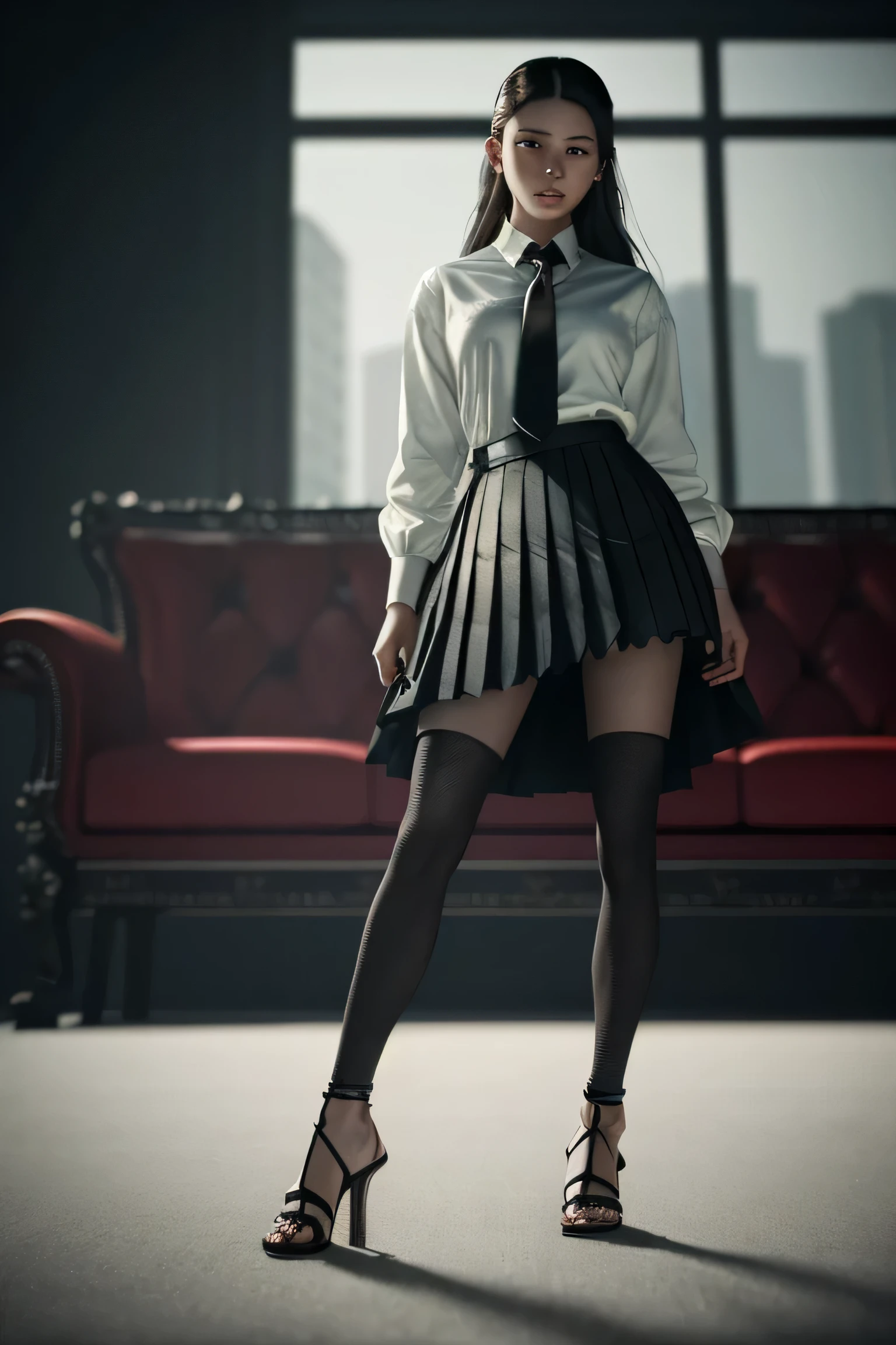 (masterpiece), (extremely intricate:1.3), (realistic), portrait of a girl, (dark fantasy, gore), (dynamic perspective), the most beautiful in the world, (kick viewers), indoors, from below, shirt, tie, pleated skirt, high-heeled sandals, couch, Hirosaki, Aomori, professional photograph of a stunning woman detailed, sharp focus, dramatic, award winning, cinematic lighting, octane render unreal engine, volumetrics dtx, (film grain, blurry background, blurry foreground, bokeh, depth of field)