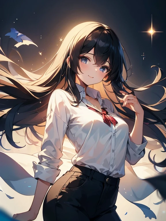 ((highest quality)), ((masterpiece)), ((High resolution)), ((Perfect Face)),office,Mature Woman,((Flat Chest)),business_blouse,Open collar,((Chest turbulence)),skinny pants,Medium_Straight Hair,Black Hair,Bangs,A confident smile,Sparkly eyes,whole body,
