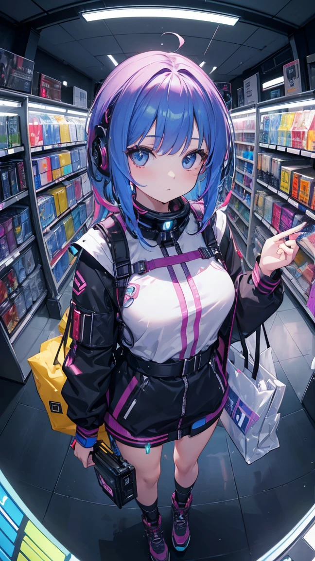 (masterpiece, best quality), (colorful:1.4), from above, solo, 1girl standing in a futuristic cybernetic store with lots of advanced implants on the shelves and a bag of tech upgrades, depth of field, fisheye lens