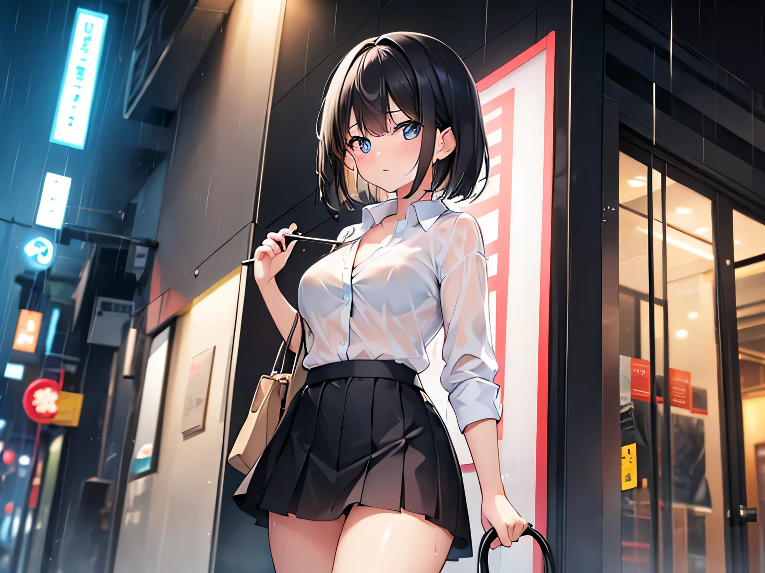 (Masterpiece, top quality, high resolution, realistic photo, realistic looking skin:1.1),
(Woman standing in the rain: 1.8),
(woman's collared shirt is wet from the rain and her bra is showing through: 1.8), 
(blushing and embarrassed:1.5),
(She is wearing a white collared shirt and a black mini-skirt:1.8),
(She is wearing a white bra and white panties:1.8),
(She is carrying a business bag:1.8),
(She has medium black hair:1.5),
(Location is downtown at night where there are many bars: 1.5),
1 Japanese girl, solo, full bodied esbian, beautiful eyes, glowing eyes, glowing thighs, NSFW
