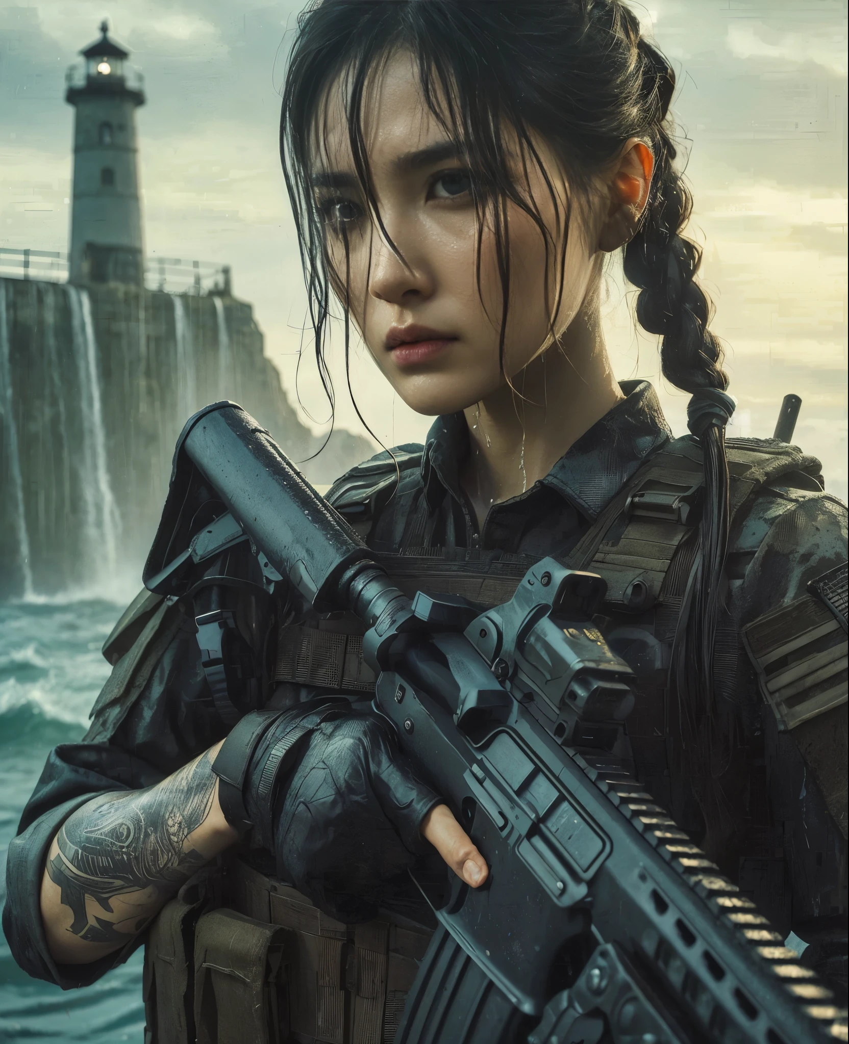 (best quality,8k,realistic,photorealistic:1.2),realistic skin texture,beautiful Japanese-American Navy SEALs female member,assault rifle,assault team,lighthouse on a cliff overlooking a cove,storming in,cap,braided hair,military pants,boots,dynamic pose,tattoo,drenched in heavy rain,rainwater streaming down the face,toned physique,muscles,anger,daring composition,Portraits,cool color tones,dramatic lighting.