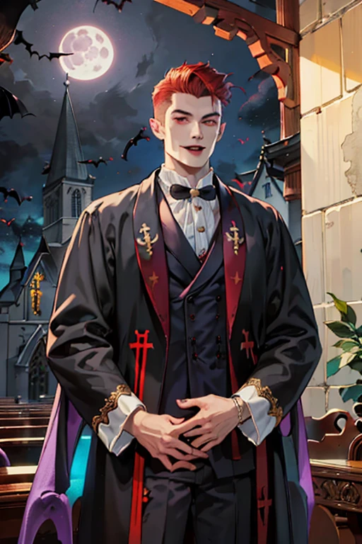 This is what a real Vampire looks like! Antique vampire clothes, elegant, gentlemanly. He is smiling friendly, his red hair is vivid, his red eyes shine against his perfect skin. In the background a purple church window, with moonlight reflecting behind. All this is in a beautiful and dark light, which makes it look amazing。 (High quality: 1.2, Church at night: 1.5, Antique Vampire Clothing: 1.4) (((At night))) (Provocative light, mysterious darkness) (((Violet Moon))) Defined Face) Perfect Hands)