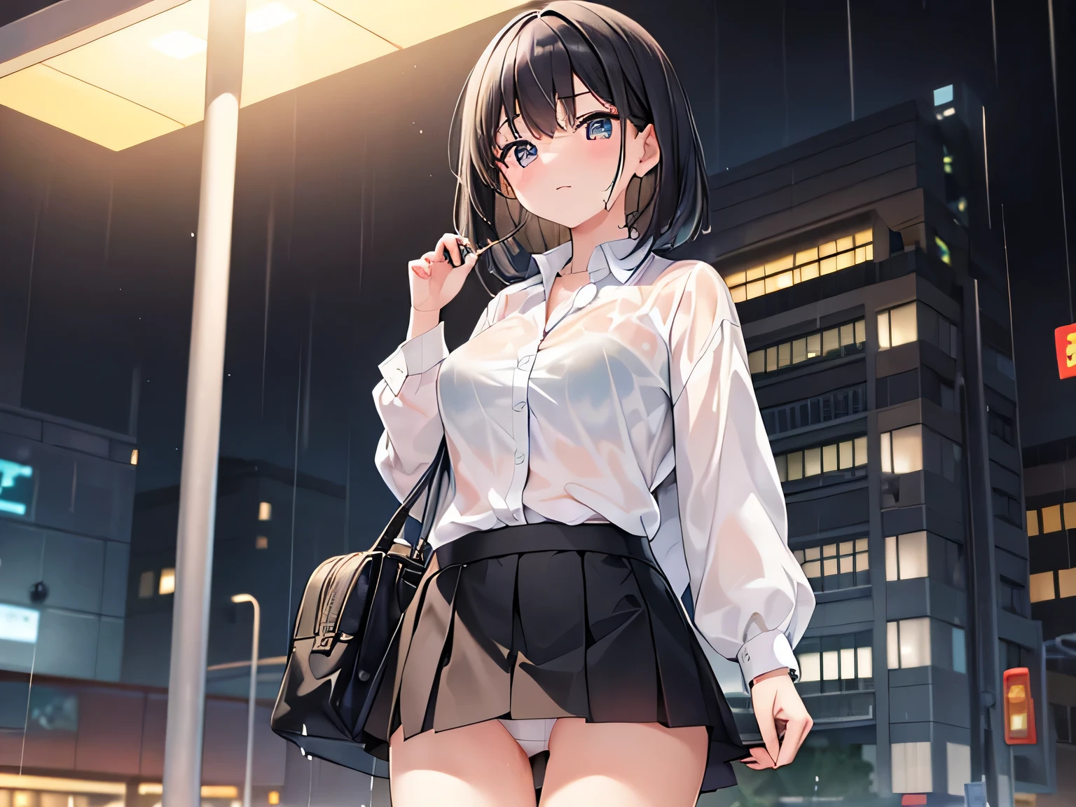 (Masterpiece, top quality, high resolution, realistic photo, realistic looking skin:1.1),
(Woman standing in the rain: 1.8),
(woman's collared shirt is wet from the rain and her bra is showing through: 1.8),
(blushing and embarrassed:1.5),
(She is wearing a white collared shirt and a black mini-skirt:1.8),
(She is wearing a white bra and white panties:1.8),
(She is carrying a business bag:1.8),
(She has medium black hair:1.5),
(Location is downtown at night where there are many bars: 1.5),
1 Japanese girl, solo, full bodied esbian, beautiful eyes, glowing eyes, glowing thighs, NSFW