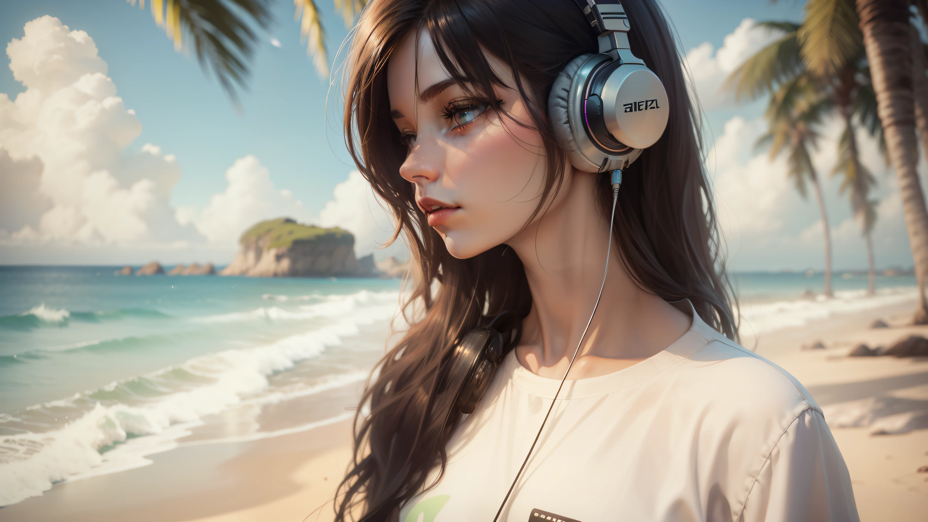 arafed woman With headphones on standing on a beach, Gweiz style artwork, Beautiful digital art, Lo-fi art style, Realistic art style, Realistic Digital Art 4K, Realistic Digital Art 4K, Portrait of Rofi, Lofty Girl, 8k high quality detailed art, With headphones, Chill Hop, photoRealistic art style