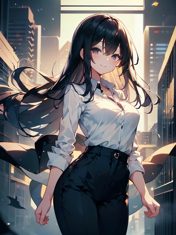 ((highest quality)), ((masterpiece)), ((High resolution)), ((Perfect Face)),office,Mature Woman,((Flat Chest)),business_blouse,Open collar,((Chest turbulence)),skinny pants,Medium_Straight Hair,Black Hair,Bangs,A confident smile,Iris eye,whole body,