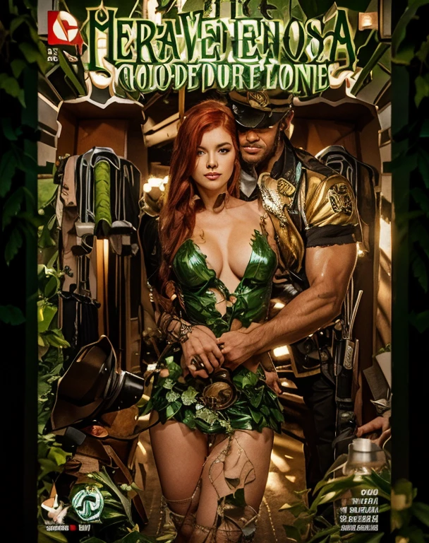 The character Poison Ivy, perfect green costume, red hair, seductive curves, beautiful face, jungle in the background 