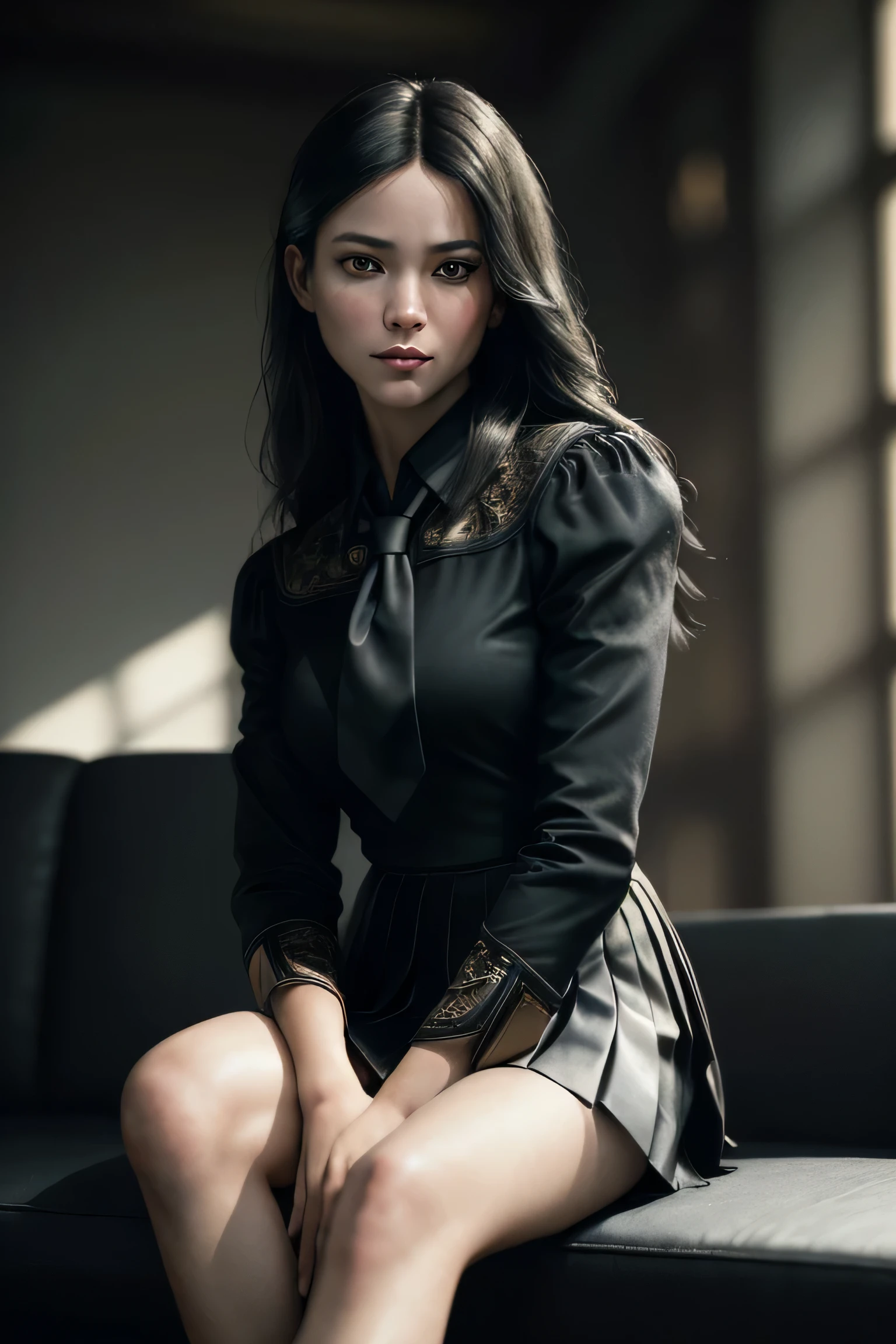 (masterpiece), (extremely intricate:1.3), (realistic), portrait of a girl, (dark fantasy, gore), (dynamic perspective), the most beautiful in the world, (kick viewers), indoors, from below, shirt, tie, pleated skirt, high-heeled sandals, smirk, sitting on the couch, Hirosaki, Aomori, professional photograph of a stunning woman detailed, sharp focus, dramatic, award winning, cinematic lighting, octane render unreal engine, volumetrics dtx, (film grain, blurry background, blurry foreground, bokeh, depth of field)
