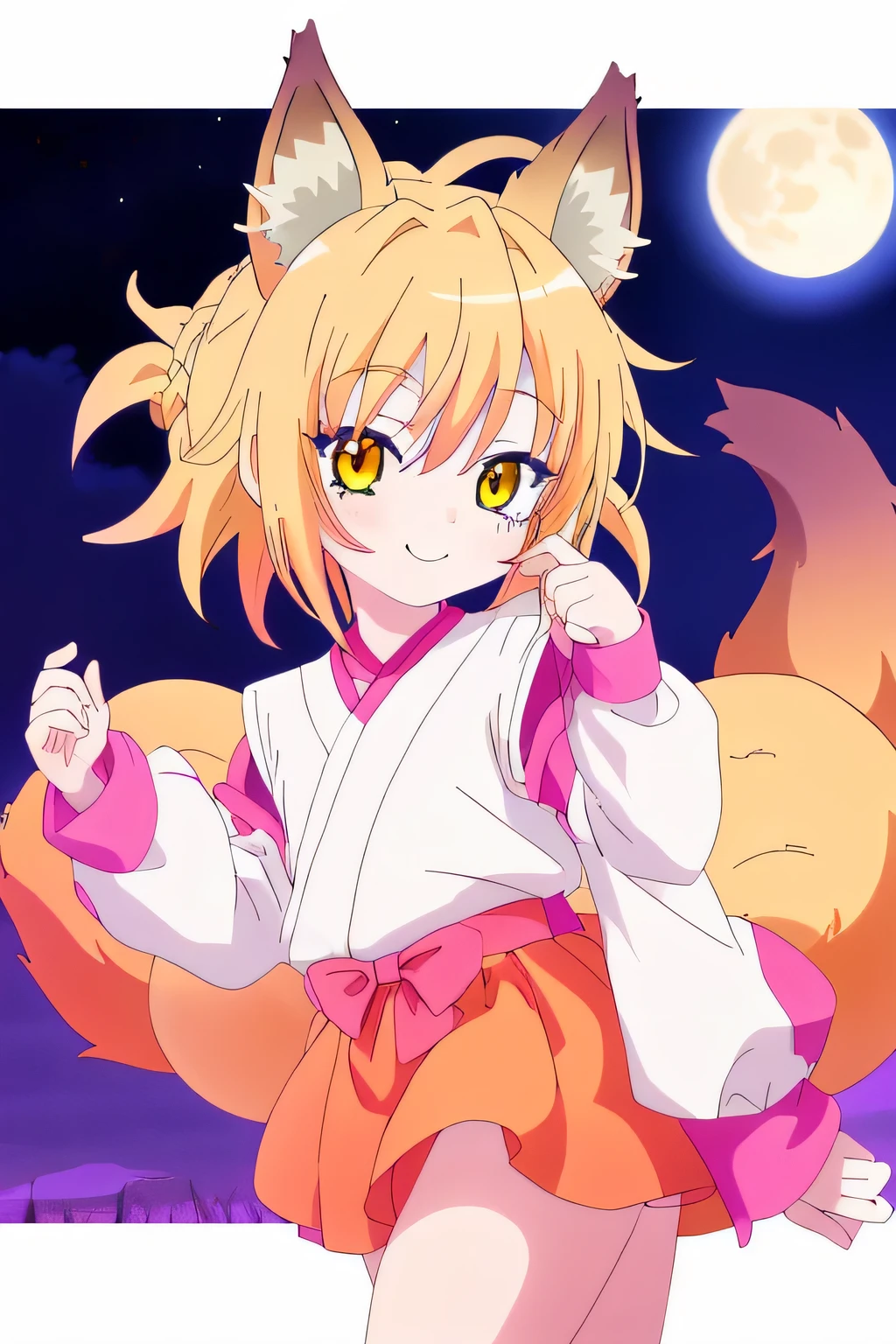 una chica kizuna muy kawaii con piel color crema, Color de cabello amarillo y uso de un dogi de pelea anaranjado de son Goku and with ears and multiple fox tails with his mouth closed but with a smile on his lips on a very beautiful night with the full moon