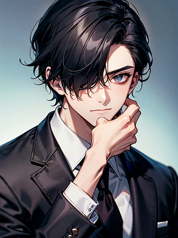 Masterpiece, best quality, high quality, ultra detailed, 20 year old black hair man, suits, I'm in trouble, Alone, up of face, hair over one eye
