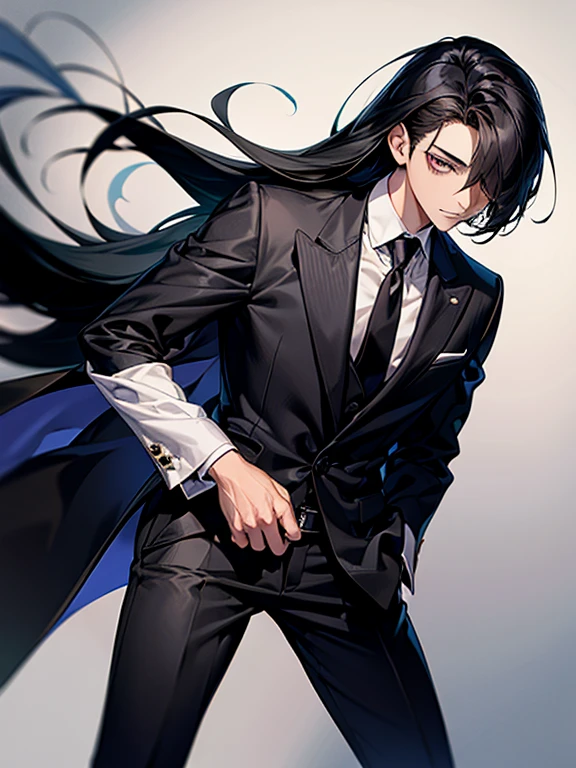 Masterpiece, best quality, high quality, ultra detailed, 20 year old black hair man, suits, I'm in trouble, Alone, up of face, hair over one eye