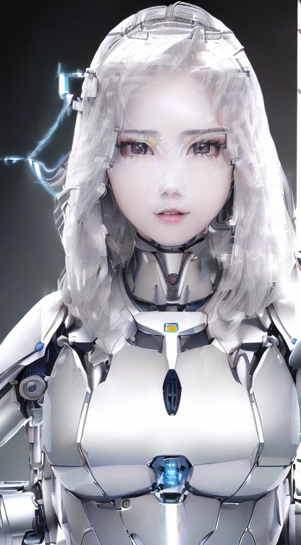 ((Tabletop)), ((最high quality), high quality、Ultra high definition, Realistic,  (Ultra-fine face)、Full Color 、SF、Beautiful robot policewoman、、(Machine joint Machine body、(mechanical parts)、Thick wire joints、White Porcelain Machine Armor、(Curvaceous Face)、thin mouth、Hydraulic cylinder neck、Expressionless、Straight Hair、((Electronic substrate))、Machine Gloves