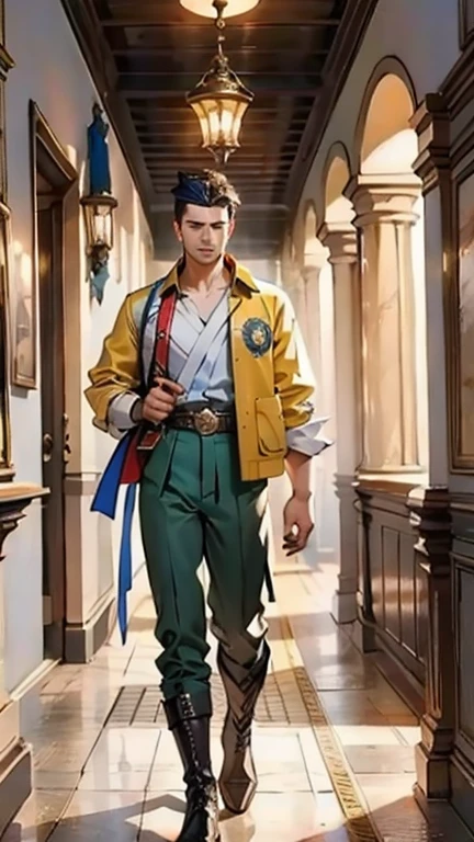 Set against the backdrop of an ancient fantasy-reality setting, um jovem com um corte militar platinado exibe um olhar penetrante e um comportamento confiante. Adorned in a two-piece fusion outfit, seamlessly blending western and eastern influences, He wears a comfortable dark top paired with a vibrant yellow-blue short jacket. Bottom half features loose white utility pants, and his long, sturdy boots echo through the halls of an old-fashioned architectural landscape. The overall aesthetic captures the essence of a refined and mature anime-inspired rogue, symmetrical face, olhos e rosto extremamente detalhados, olhos de alta qualidade, High definition, high resolution, Pintura ultrafina, requintado e maduro, extremamente delicado, profissional, Anatomicamente Correto, criatividade, Ultra HD, HDR, 32K, Luz natural, cinematic lighting, melhor sombra, obra de arte-anatomy-perfect, melhor qualidade, obra de arte, ultra-detalhado