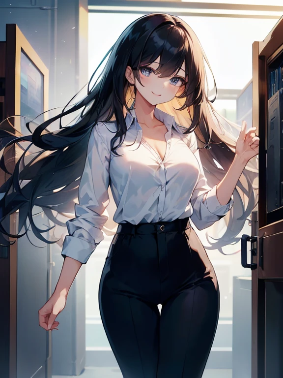 8K,((highest quality)), ((masterpiece)), ((High resolution)), ((Perfect Face)),office,Mature Woman,((Flat Chest)),business_blouse,Open collar,((Chest turbulence)),skinny pants,Medium_Straight Hair,Black Hair,Bangs,A confident smile,Iris eye,whole body,