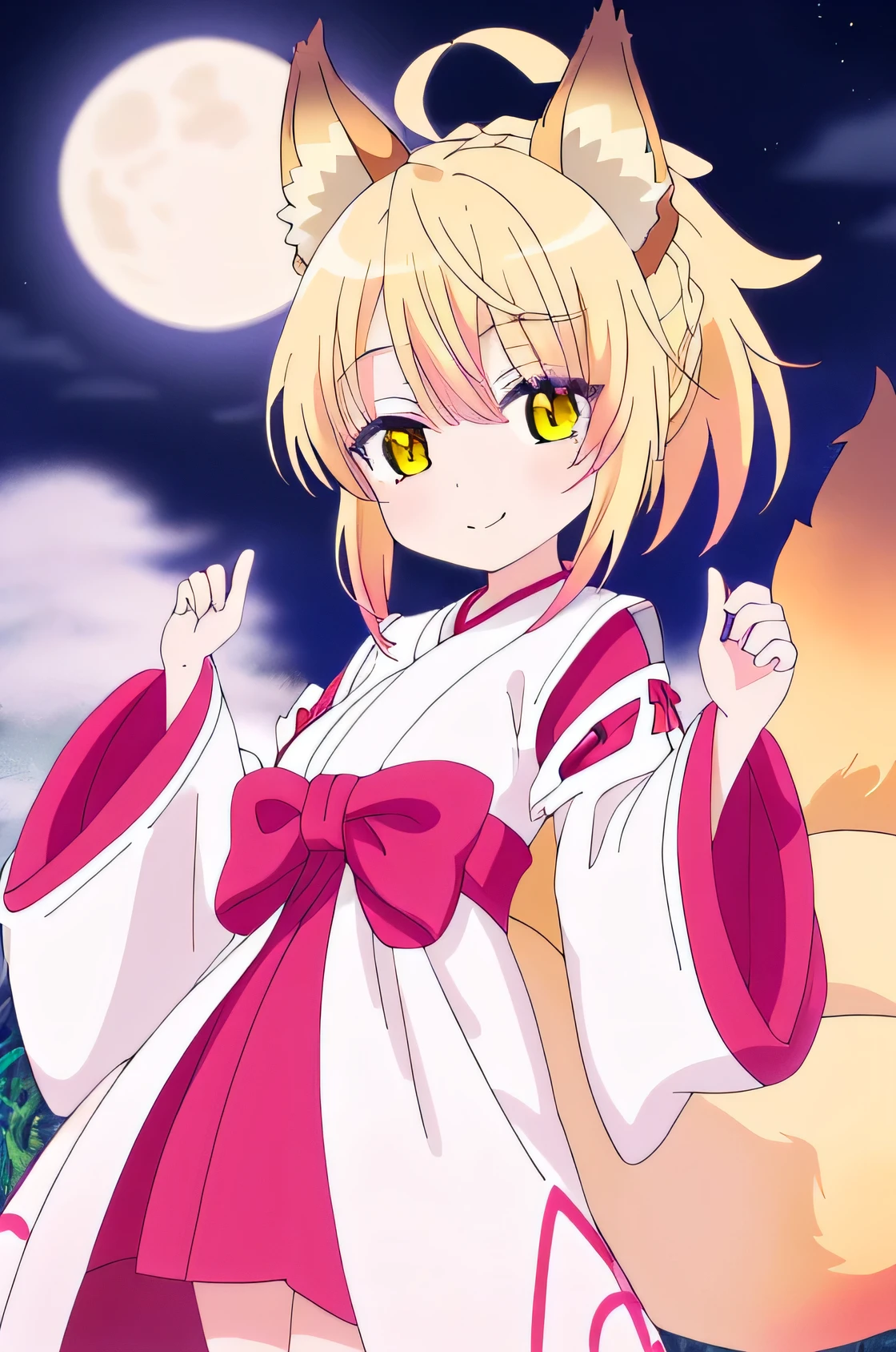 una chica kizuna muy kawaii con piel color crema, Yellow hair color and is wearing a keikogi with ears and multiple fox tails with his mouth closed but with a smile on his lips on a very beautiful night with the full moon