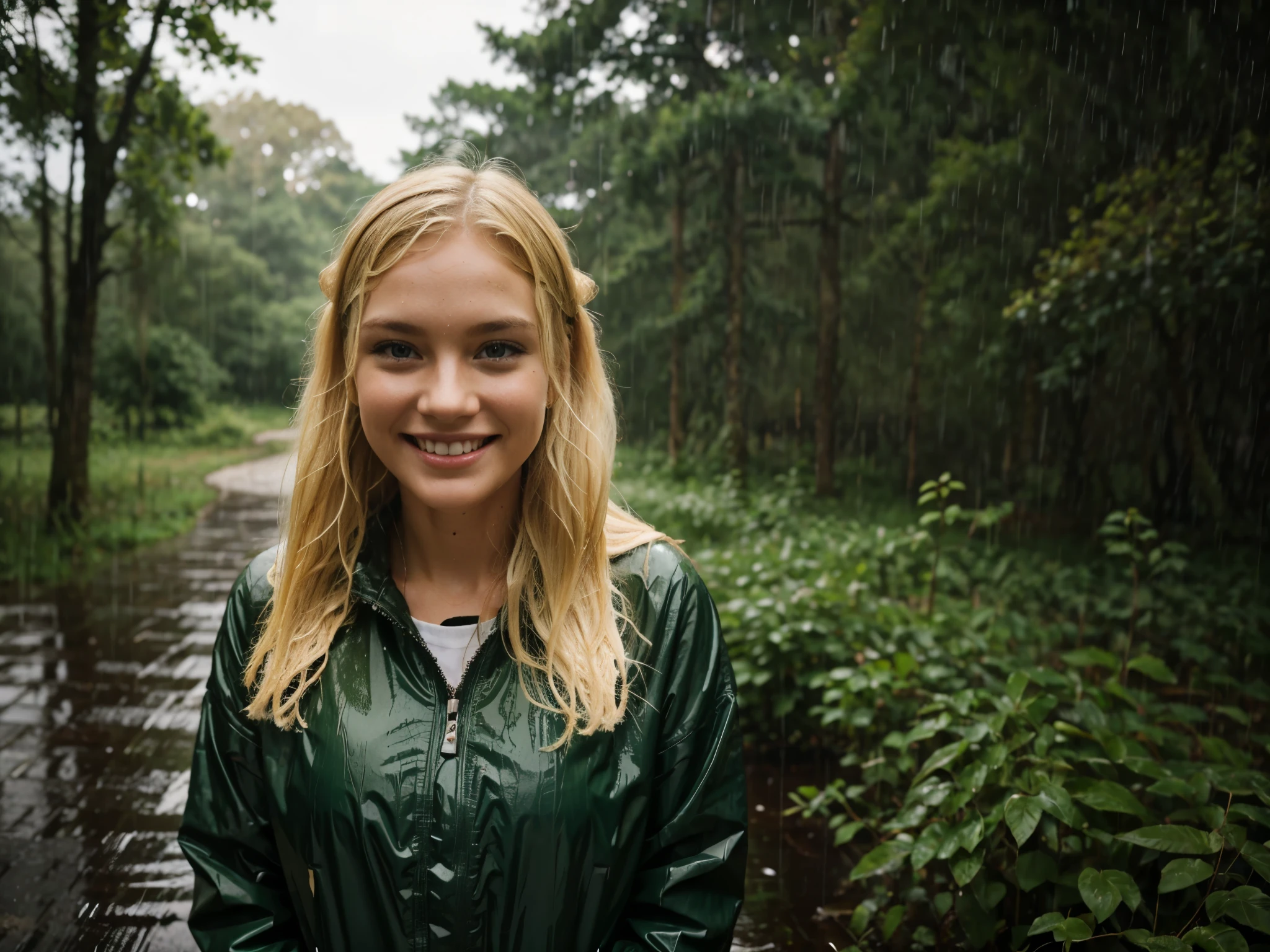 blonde girl walk in forrest smile, rain, wet hair