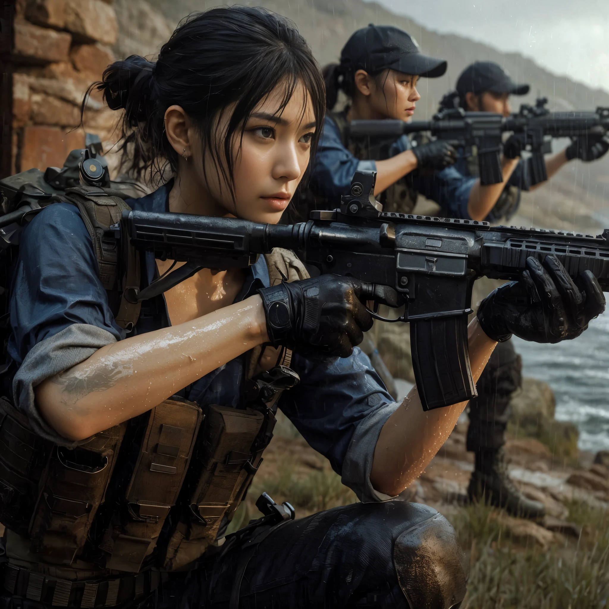 (best quality,8k,realistic,photorealistic:1.2),realistic skin texture,beautiful Japanese-American Navy SEALs female member,assault rifle,assault team,lighthouse on a cliff overlooking a cove,storming in,cap,braided hair,military pants,boots,dynamic pose,tattoo,drenched in heavy rain,rainwater streaming down the face,toned physique,muscles,anger,daring composition,Portraits,cool color tones,dramatic lighting.