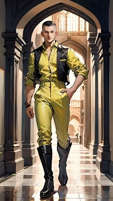 In the backdrop of an ancient fantasy-reality setting, a youth sporting a platinum crew cut displays a piercing gaze and confident demeanor. Adorned in a two-piece fusion outfit, seamlessly blending Western and Eastern influences, he wears a snug dark top paired with a vibrant yellow-blue short jacket. The lower half features loose white utility pants, and his sturdy long boots echo through the corridors of an antiquated architectural landscape. The overall aesthetic captures the essence of a refined and mature anime-inspired  rogue, symmetrical face, extremely detailed eyes and face, high quality eyes, high definition, highres, ultra-fine painting, exquisite and mature, extremely delicate, professional, anatomically correct, creativity, UHD, HDR, 32k, Natural light, cinematic lighting, best shadow, masterpiece-anatomy-perfect, best quality, masterpiece, ultra-detailed