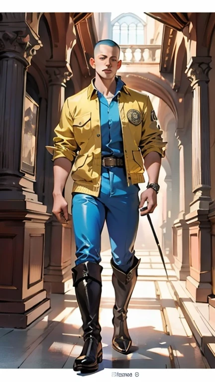 In the backdrop of an ancient fantasy-reality setting, a youth sporting a platinum crew cut displays a piercing gaze and confident demeanor. Adorned in a two-piece fusion outfit, seamlessly blending Western and Eastern influences, he wears a snug dark top paired with a vibrant yellow-blue short jacket. The lower half features loose white utility pants, and his sturdy long boots echo through the corridors of an antiquated architectural landscape. The overall aesthetic captures the essence of a refined and mature anime-inspired  rogue, symmetrical face, extremely detailed eyes and face, high quality eyes, high definition, highres, ultra-fine painting, exquisite and mature, extremely delicate, professional, anatomically correct, creativity, UHD, HDR, 32k, Natural light, cinematic lighting, best shadow, masterpiece-anatomy-perfect, best quality, masterpiece, ultra-detailed