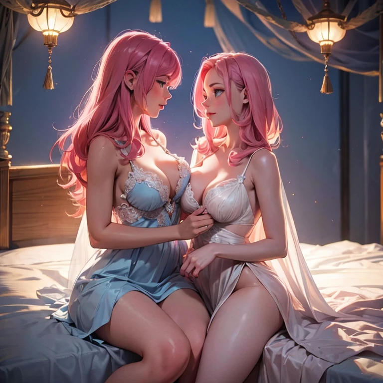 two girl making love,(bright lighting,romantic setting),dreamy background,pink hair, mesmerizing gaze, , soft skin, alluring beauty, artistic portrait, high-quality image, vibrant colors, long silk gown, in the bed, mosquito net, big breast, completely naked, high detailed breast, blue eyes,