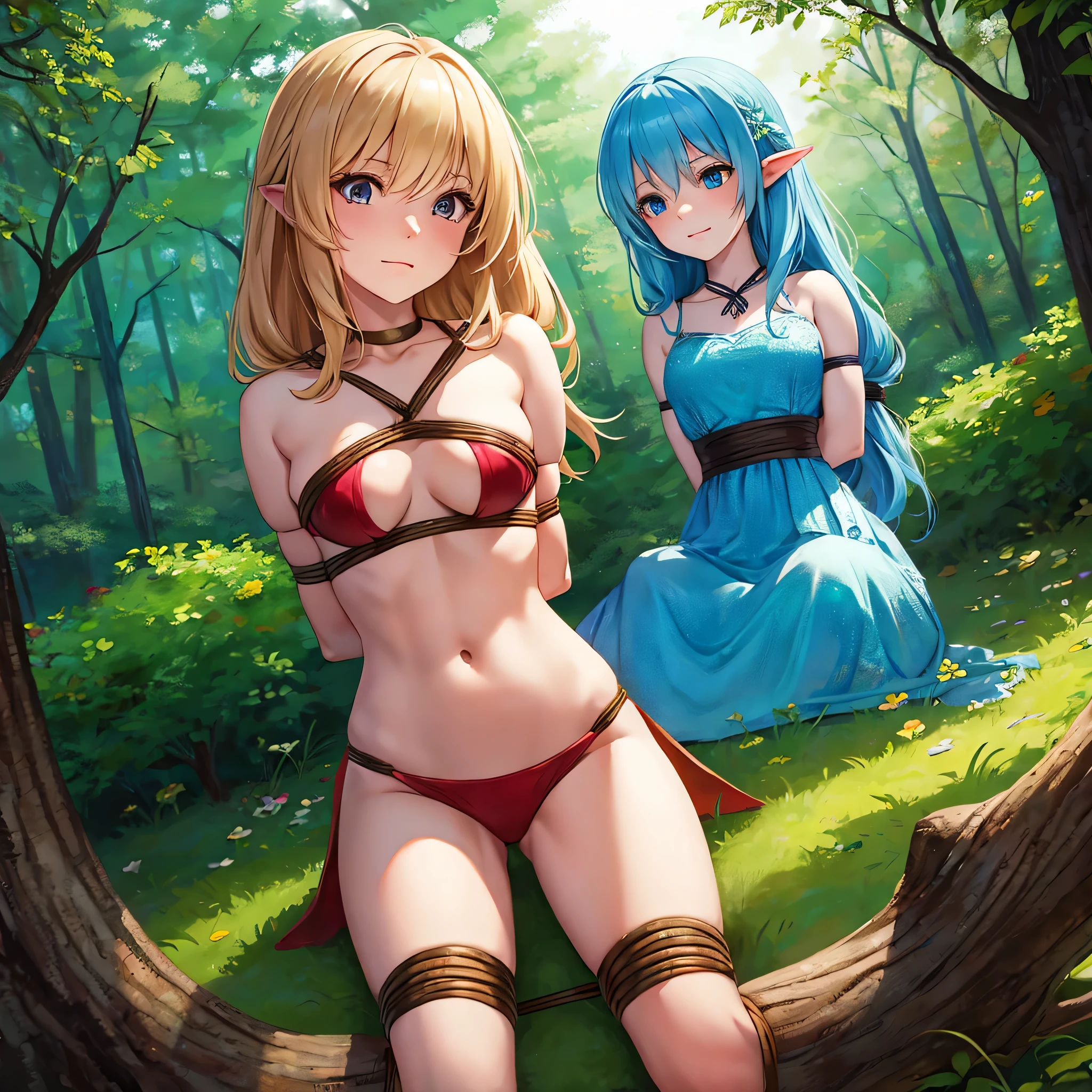  Make a picture where a fairy is getting tied up by a female thief in the woods,  bound