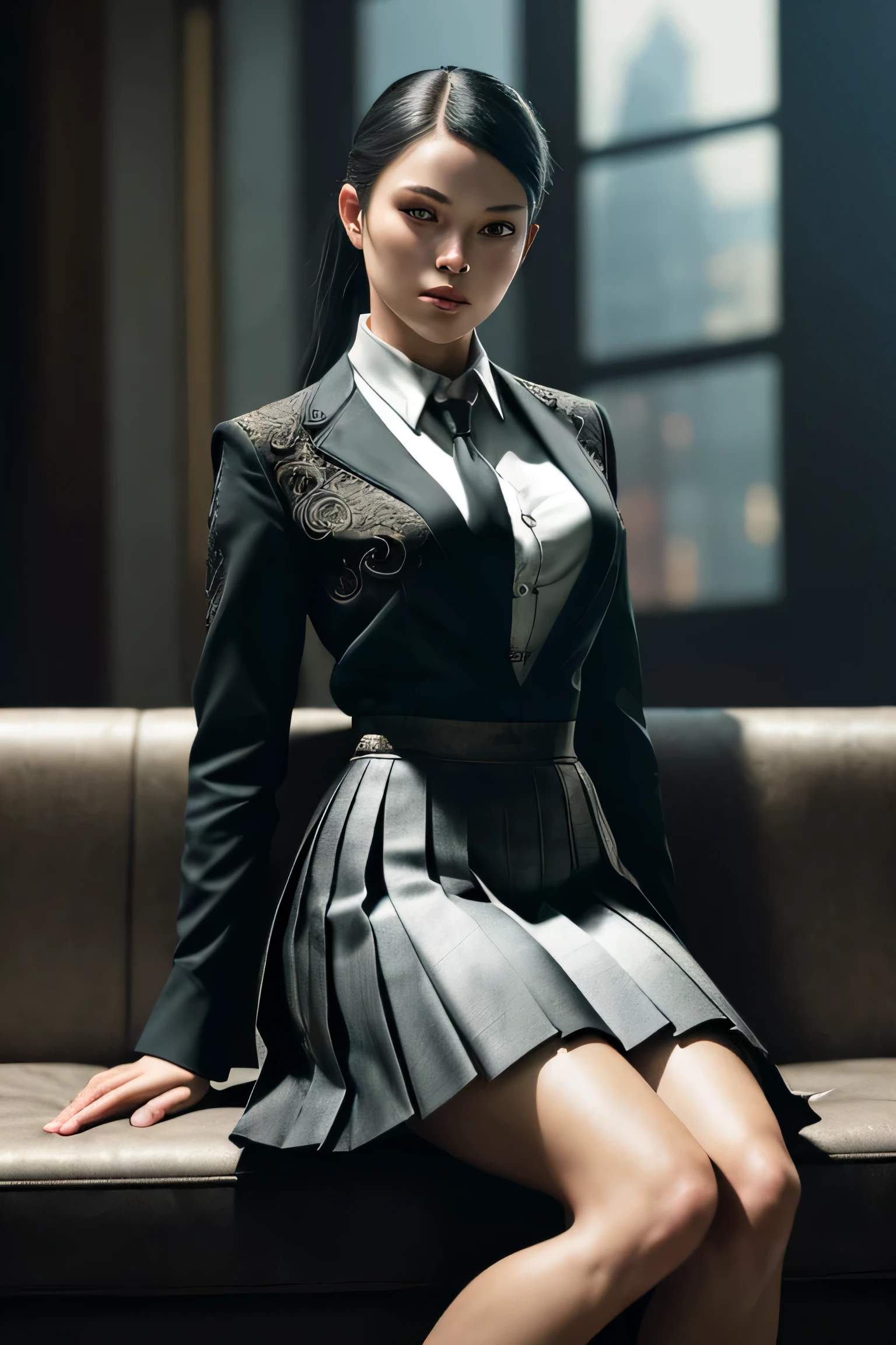 (masterpiece), (extremely intricate:1.3), (realistic), portrait of a girl, (dark fantasy, gore), (dynamic perspective), the most beautiful in the world, (kick viewers), indoors, from below, shirt, tie, pleated skirt, high-heeled sandals, smirk, sitting on the couch, Hirosaki, Aomori, professional photograph of a stunning woman detailed, sharp focus, dramatic, award winning, cinematic lighting, octane render unreal engine, volumetrics dtx, (film grain, blurry background, blurry foreground, bokeh, depth of field)