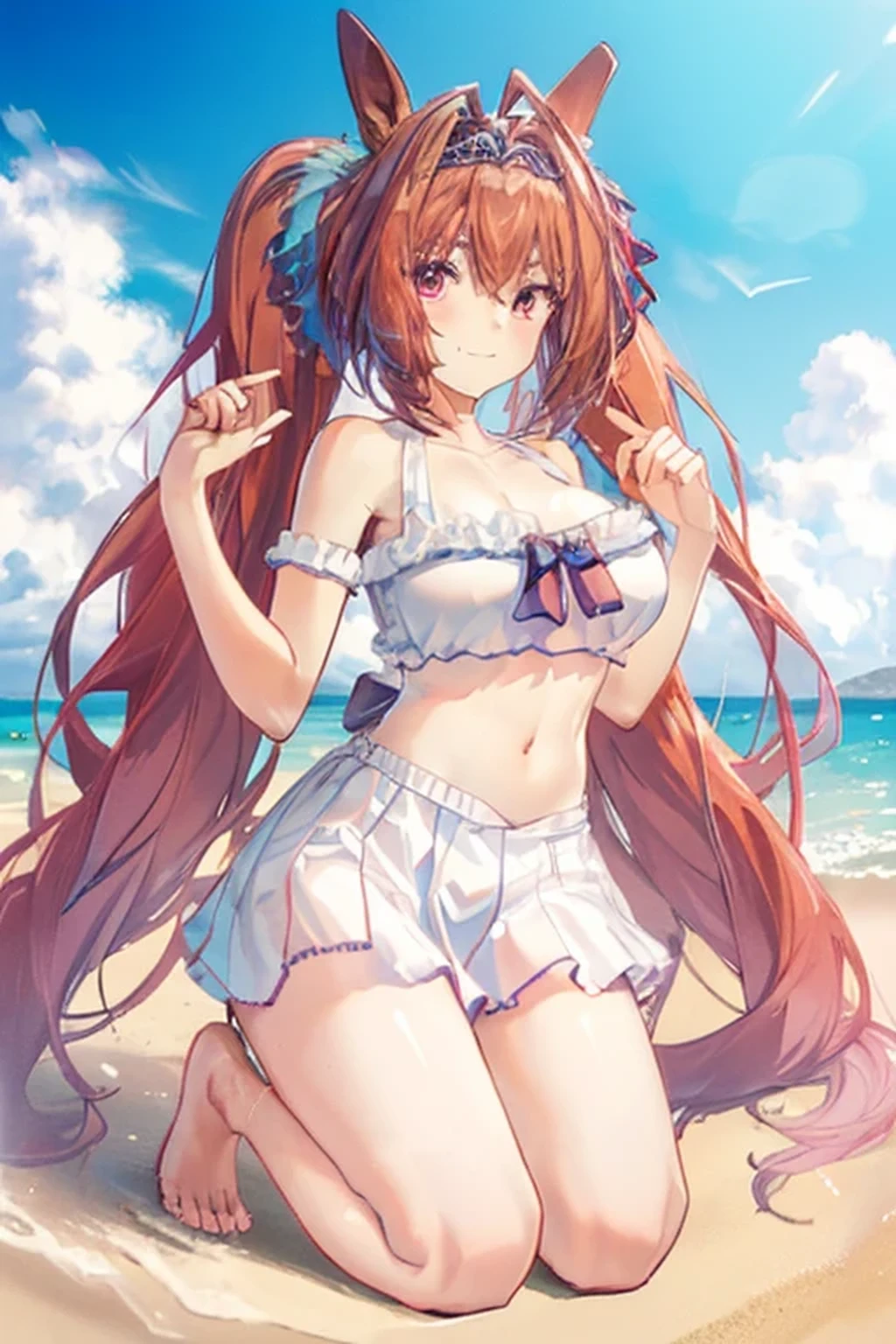 (((masterpiece, highest quality, High resolution, UHD, perfect pixel, written boundary depth, 4K, rtx, HDR))), 1girl, single, solo, beautiful anime girl, beautiful artstyle, anime character, (Smile full of happiness:1.2), (kneeling on beach:1.3), ((long hair, bang, brown hair)), ((red eyes:1), rounded eyes, beautiful eyelashes, realistic eyes), (detailed face, blushing:1.2), (smooth texture:0.75, realistic texture:0.65, photorealistic:1.1, anime CG style), large breasts, (looking to viewer, full body), perfect body, (collarbone, white bikini, navel, side-tie bikini, (a sexy)), beach, ocean, blue sky, (Shiny hair:1.2), (Shiny skin:1.5),