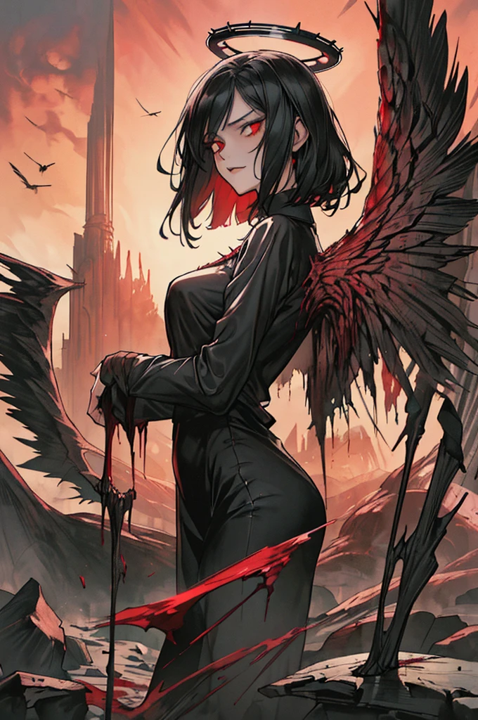 (masterpiece, best quality), 1lady, solo, (gothic), halo, wings,fallen angel, short black hair, loose waves, red eyes, (dragon, art by hermann nitsch, zdzislaw beksinski, dariusz zawadzki, giger), skinny body, black shirt, blood moon, city