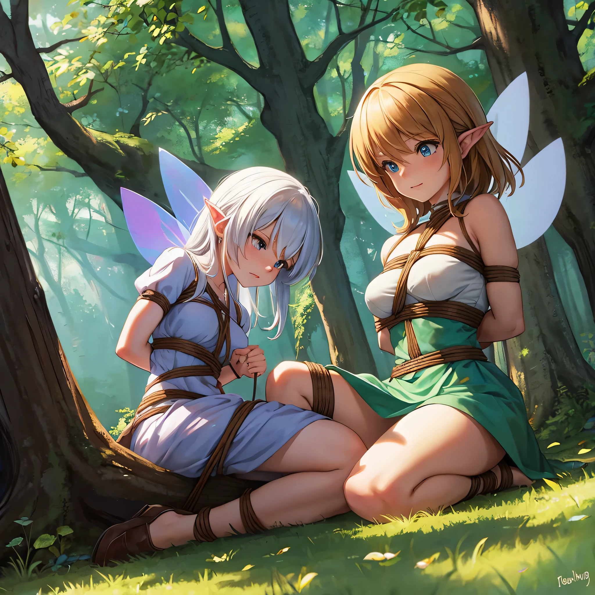 Make a picture where a fairy is getting tied up by a female thief in the woods, bound