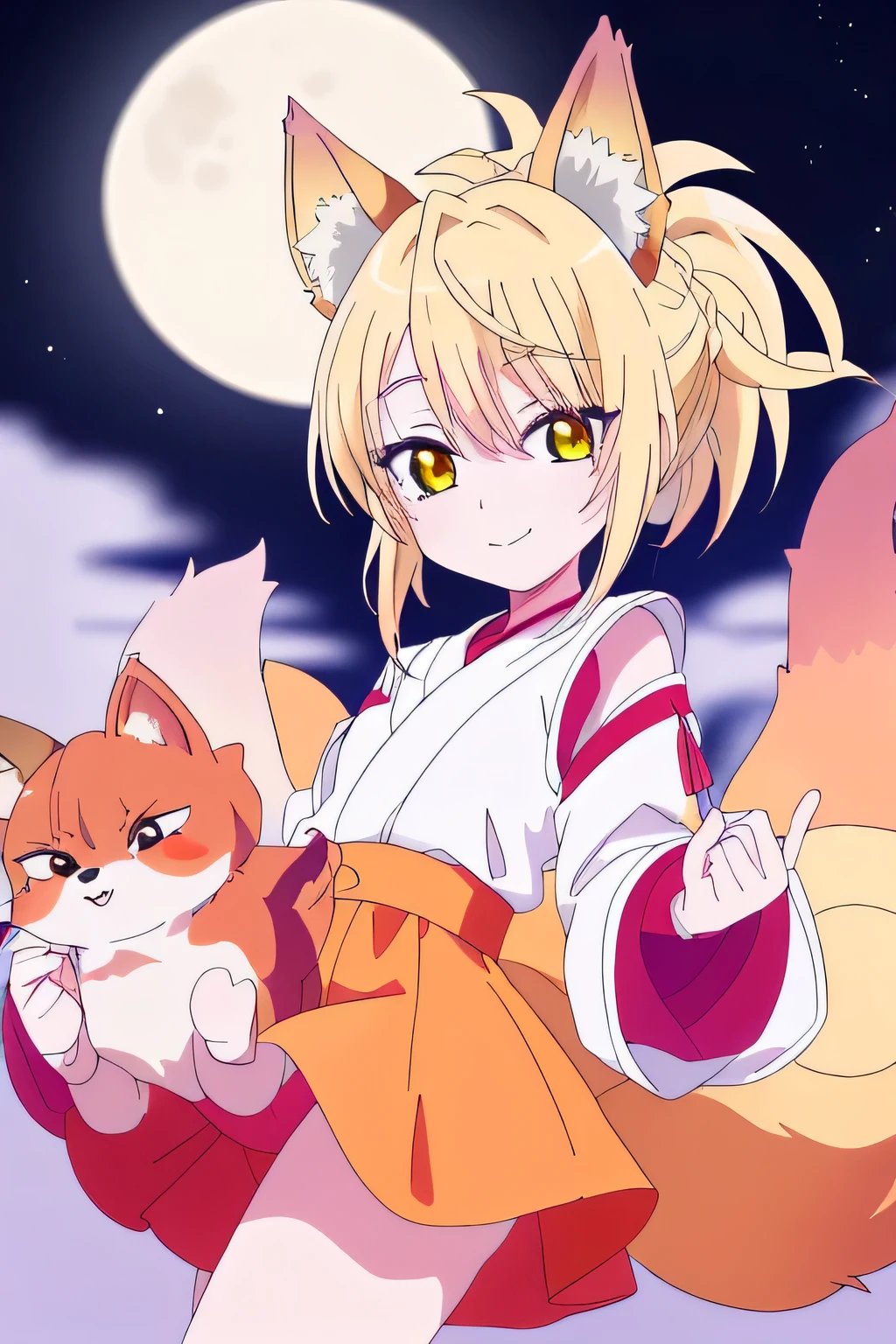 una chica kizuna muy kawaii con piel color crema, Color de cabello amarillo y uso de un dogi de pelea anaranjado de goku.and with ears and multiple fox tails with his mouth closed but with a smile on his lips on a very beautiful night with the full moon