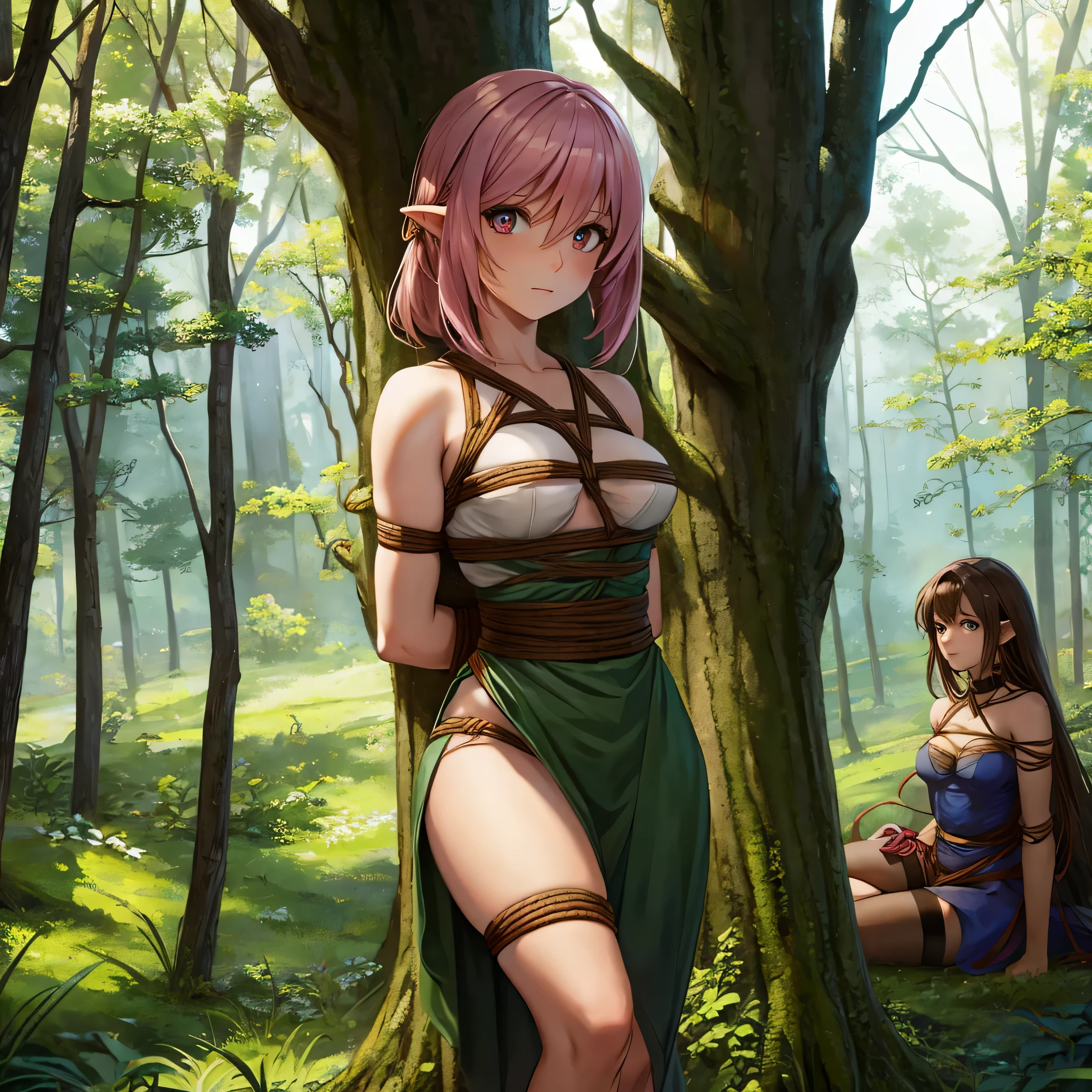  Make a picture where a fairy is getting tied up by a female thief in the woods,  bound