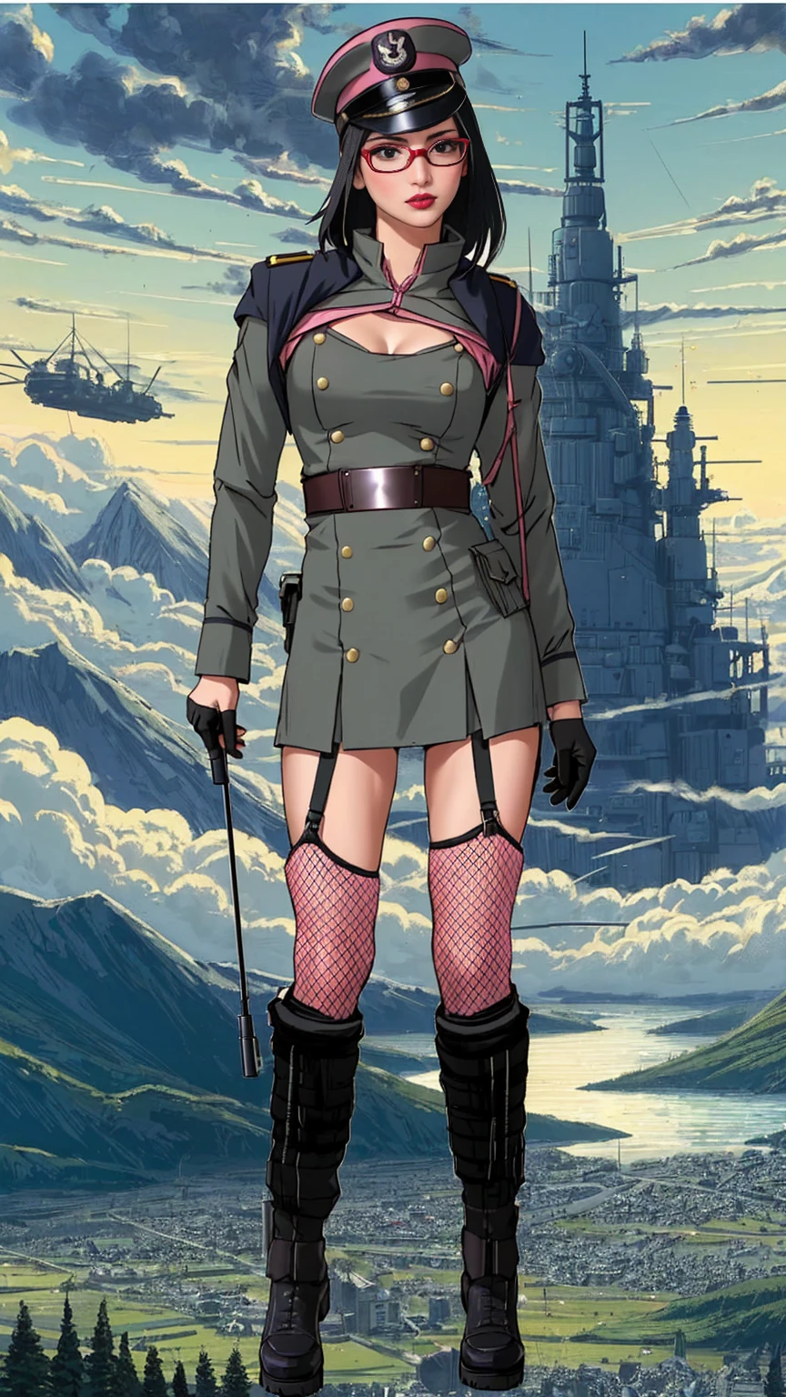 (1girl, Alone, alone), (WakatsukiRisa, Sarada uchiha, black hair, short hair, Black eyes, red glasses), ((Alone, (1woman, (small bust) pink lipstick, Black eyes), extremely detailed , Soft ambient lighting, 4K, perfect eyes, a perfect face, Perfect Lighting, the 1 girl)), ((fitness, muscular, shapely body, athletic body, toned body)) , woman in a military uniform is posing for a picture, in full military garb, military outfit, xix century military outfit, wearing military outfit, dieselpunk soldier girl, military uniform, mechanized soldier girl, wearing military uniform, army uniform, soldier outfit, high quality costume, a black dieselpunk policewoman, wearing a military uniform, wearing headmistress uniform