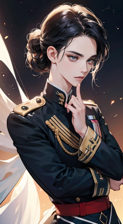 (Exagerado, high resolution, alta qualidade, High definition, obra de arte, Maximum quality) Homem de 19 anos com lindo, cabelo curto, olhos detalhados e um rosto detalhado, surpreendentemente bonito, queixo cinzelado, olhar profundo, cabelo cheio, penteado moderno, uniforme militar, Faixa dourada, traje formal, postura confiante, terno sofisticado, Design sofisticado, Tecido de seda, ajuste sob medida, acabamento brilhante, composto, fundo elegante, high resolution, realista, cores vibrantes, dynamic lighting, sharp details