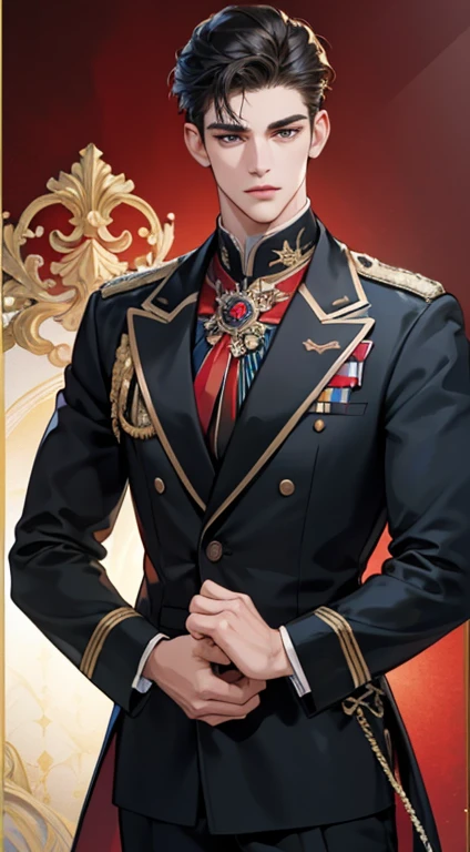(Exaggerated, high resolution, high quality, high definition, masterpiece, top quality) 19-year-old man with handsome, short hair, detailed eyes and a detailed face, strikingly handsome, chiseled jawline, deep gaze, full hair, modern hairstyle, military uniform, golden headband, formal attire, confident posture, upscale suit, sophisticated design, silk fabric, tailored fit, glossy finish, composed, elegant background, high resolution, realistic, vibrant colors, dynamic lighting, sharp details