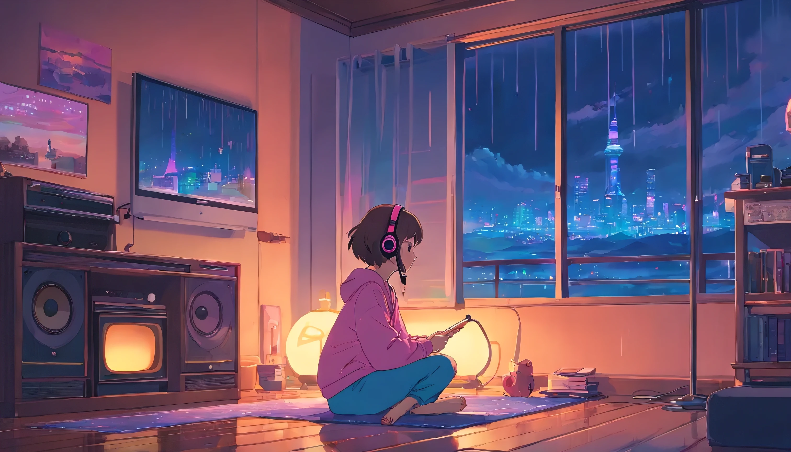night、Girl sitting listening to music in a cozy room, Using headphones, Anime-style 2D, Lo-Fi, hard disk, dark environment,, brown hair, Iris, Brown Skin, 12 years old , Wearing pink pajamas instead of shopping、European hippie girl meditating in her room, dream, Wear headphones, Night lighting, Neon scenery on a rainy day, Analog Color Theme, Lo-fi hip hop , review, flat, 2.5D ,Draw a line, Ink drawing, Large gradient, Watercolor, gouche color, Studio Ghibli style, Great colorful, Outerton, Krautlock, Lofi Art, 70s style,Old Texture, amplitude,Psychedelic atmosphere, Tabletop, Amazing Technology,night、Girl listening to music in a cozy room, use headphones, 2D Style Anime, I will fix it, hard disk, dark environment
