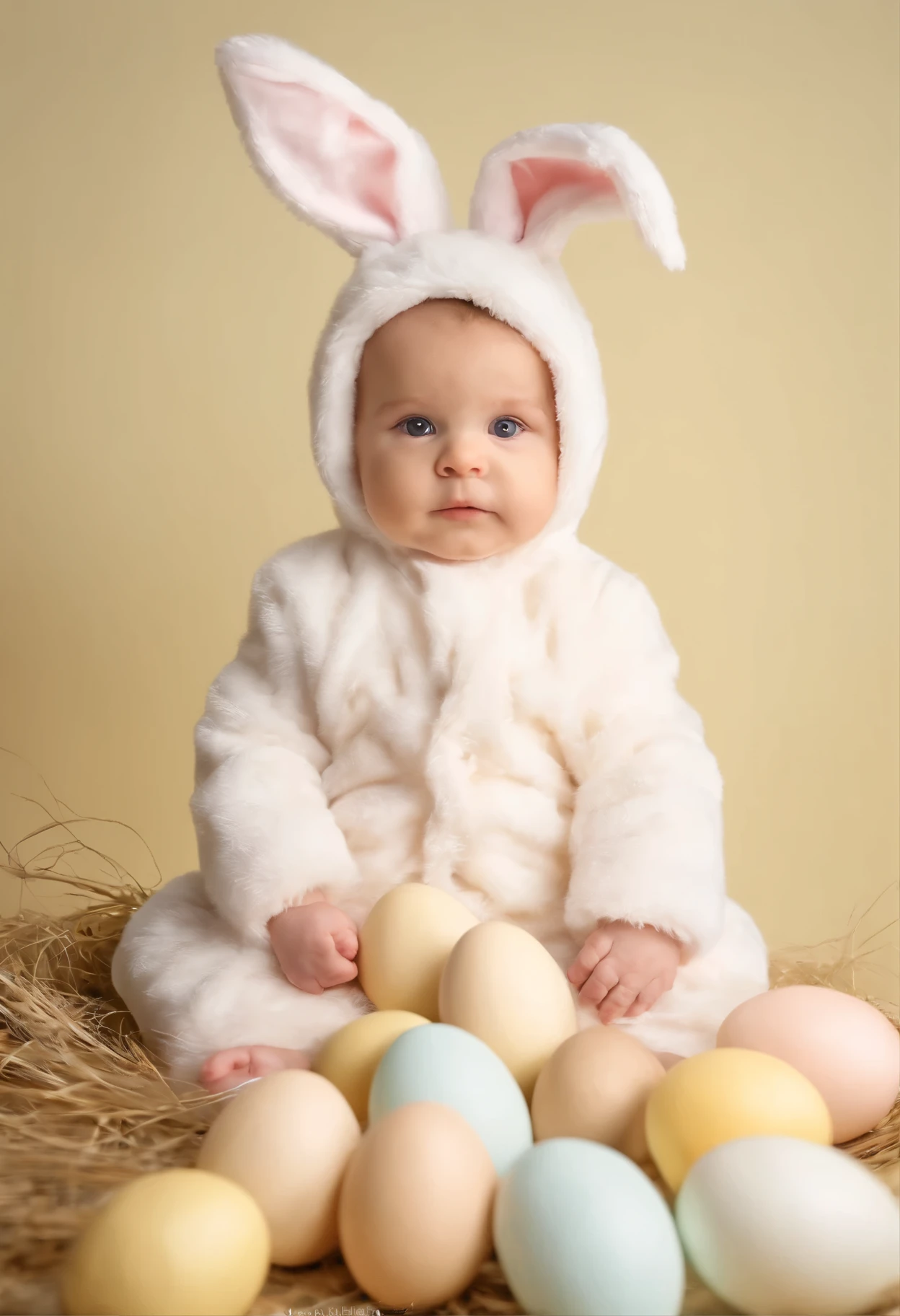 , justessed in a bunny suit, sitting on Easter background, easter background, in light colors,photo studio, Ultra-realistic, The most realistic photo, photograph photographer