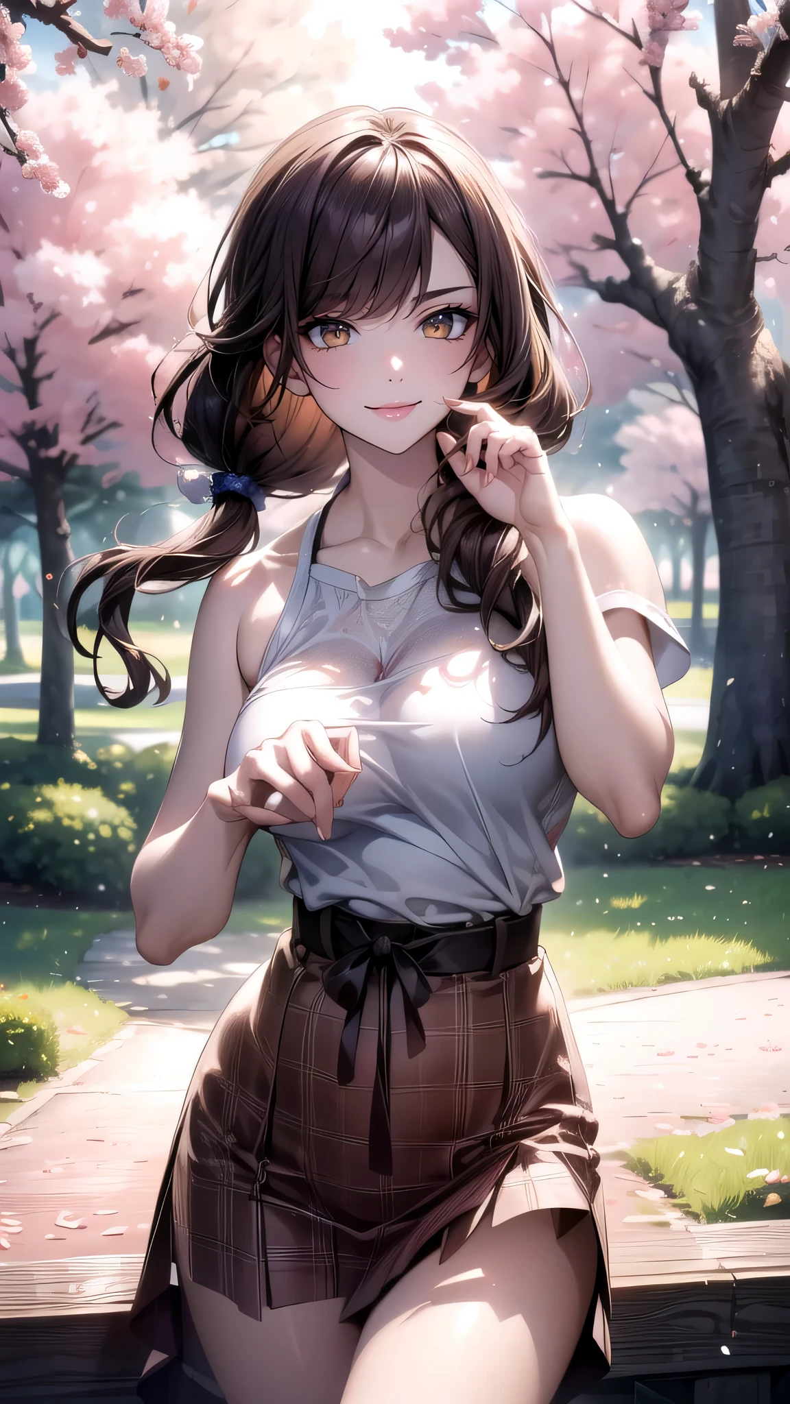 A park where cherry blossoms dance,high school girl,(random pose),(random hairstyle),(Highest image quality,(8K), Ultra-realistic, Best Quality, High quality, High Definition, high quality texture, high detailing, Beautiful detailed, fine detailed, extremely details CG, Detailed texture, realistic representation of face, masterpiece, presence)