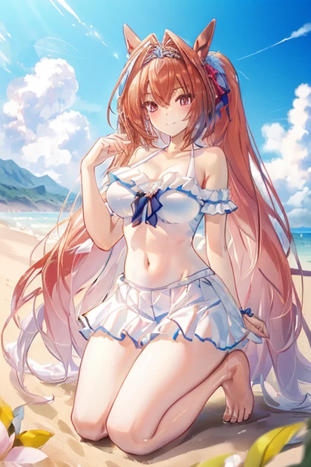 (((masterpiece, highest quality, High resolution, UHD, perfect pixel, written boundary depth, 4K, rtx, HDR))), 1girl, single, solo, beautiful anime girl, beautiful artstyle, anime character, (Smile full of happiness:1.2), (kneeling on beach:1.3), ((long hair, bang, brown hair)), ((red eyes:1), rounded eyes, beautiful eyelashes, realistic eyes), (detailed face, blushing:1.2), (smooth texture:0.75, realistic texture:0.65, photorealistic:1.1, anime CG style), large breasts, (looking to viewer, full body), perfect body, (collarbone, white bikini, navel, side-tie bikini, (a sexy)), beach, ocean, blue sky, (Shiny hair:1.2), (Shiny skin:1.5),