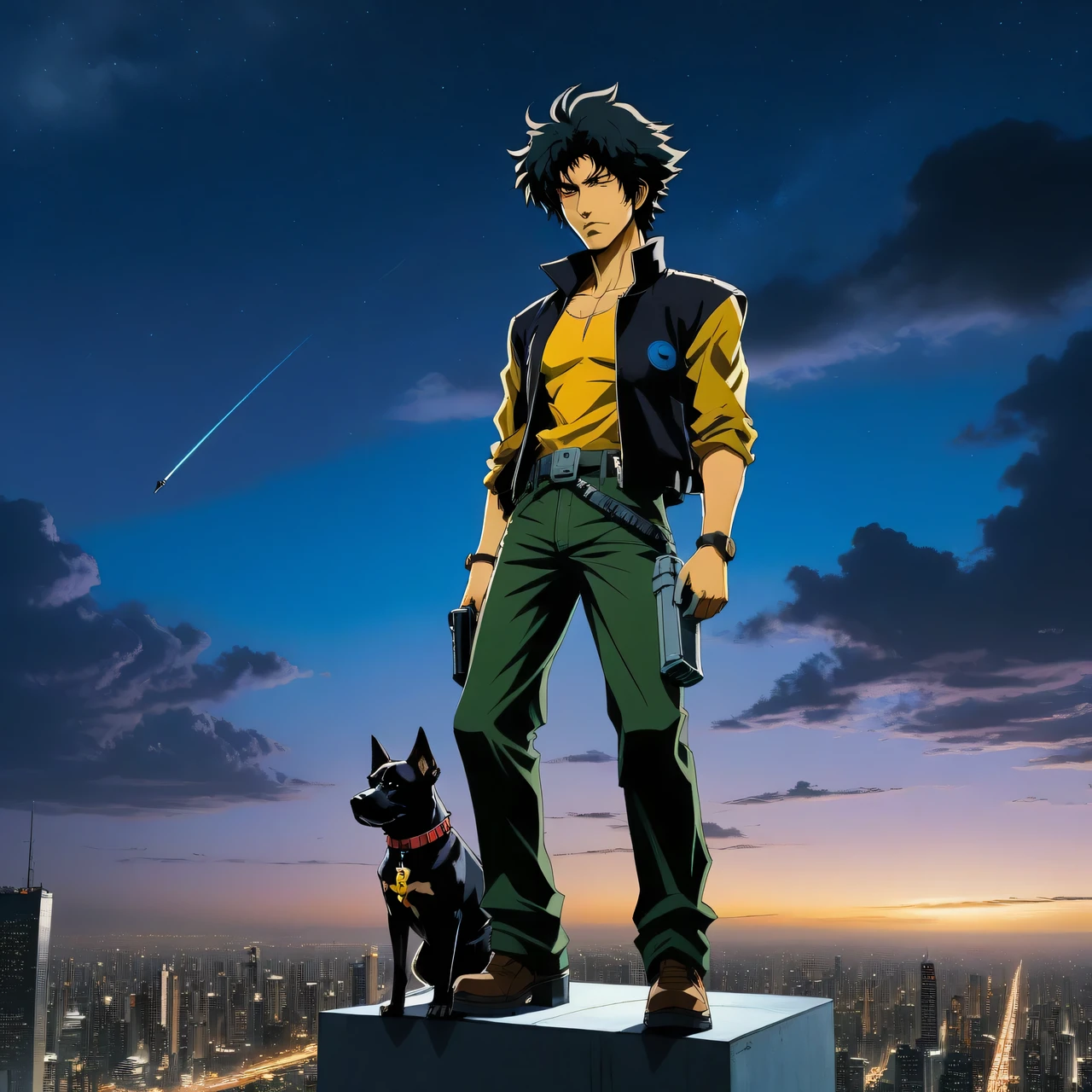 If the hero of the anime Cowboy Bebop - Jet Black was a real person, born and raised in the modern world, stands on the ladder of a starship in full height, full pose, full body, brutal, strong, holstered with a pistol on his belt, holds a dog Ein, fiction, photography, cinematic, real, valid, alive