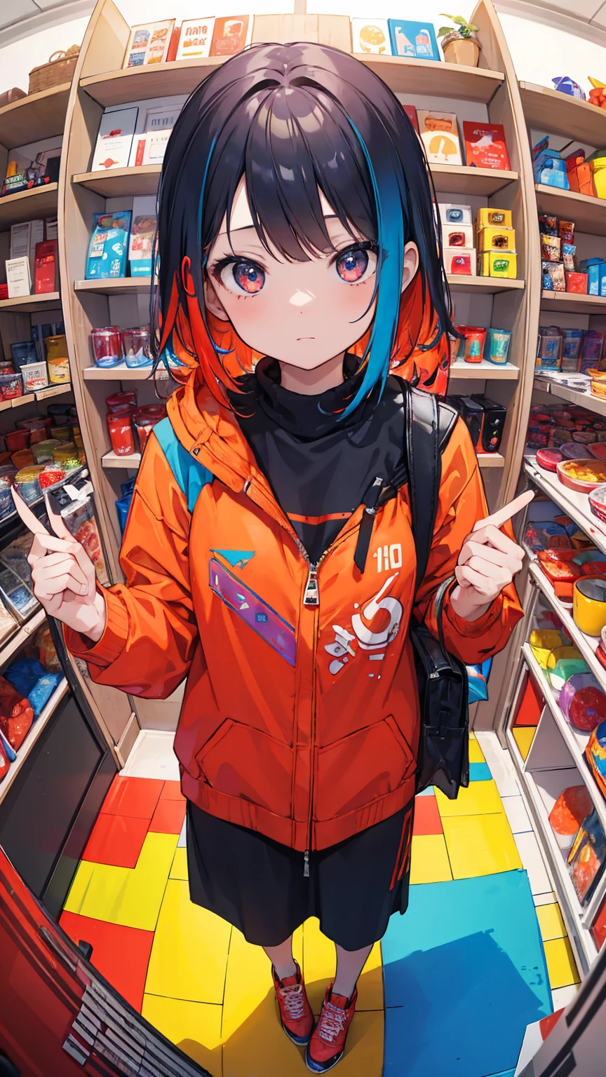 (masterpiece, best quality), (colorful:1.4), from above, solo, 1girl standing in a Martian souvenir shop with red rocks on the shelves and a bag of Mars-themed merchandise, depth of field, fisheye lens