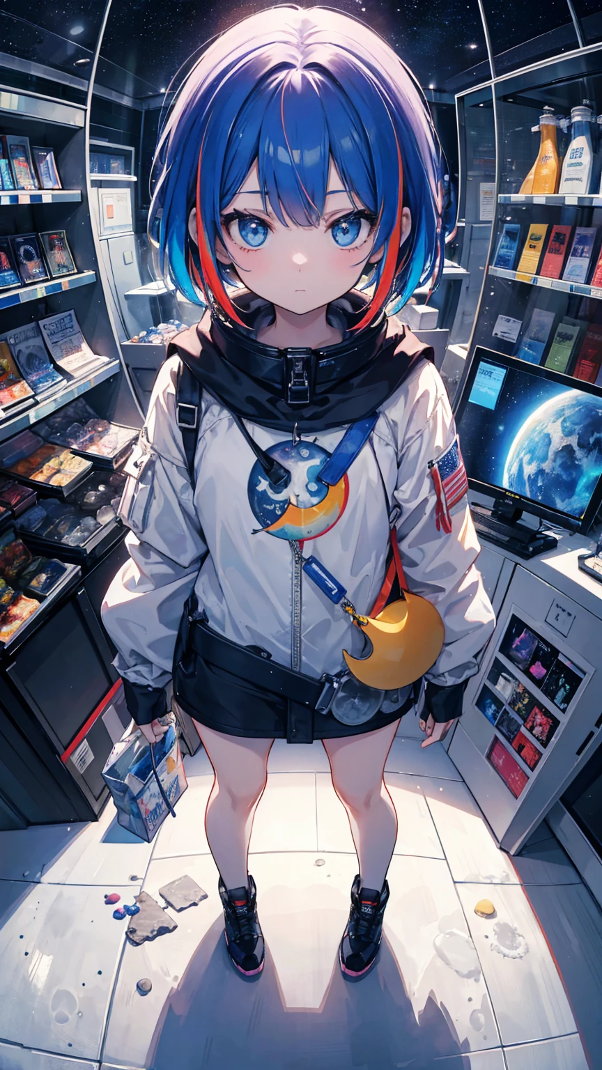 (masterpiece, best quality), (colorful:1.4), from above, solo, 1girl standing in a lunar base gift store with moon rocks on display and a bag of space-themed memorabilia, depth of field, fisheye lens