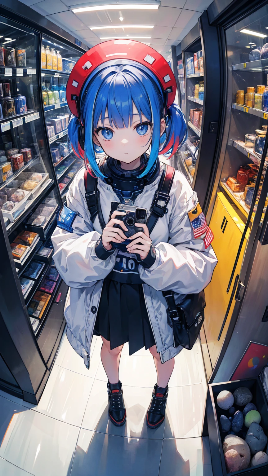 (masterpiece, best quality), (colorful:1.4), from above, solo, 1girl standing in a lunar base gift store with moon rocks on display and a bag of space-themed memorabilia, depth of field, fisheye lens