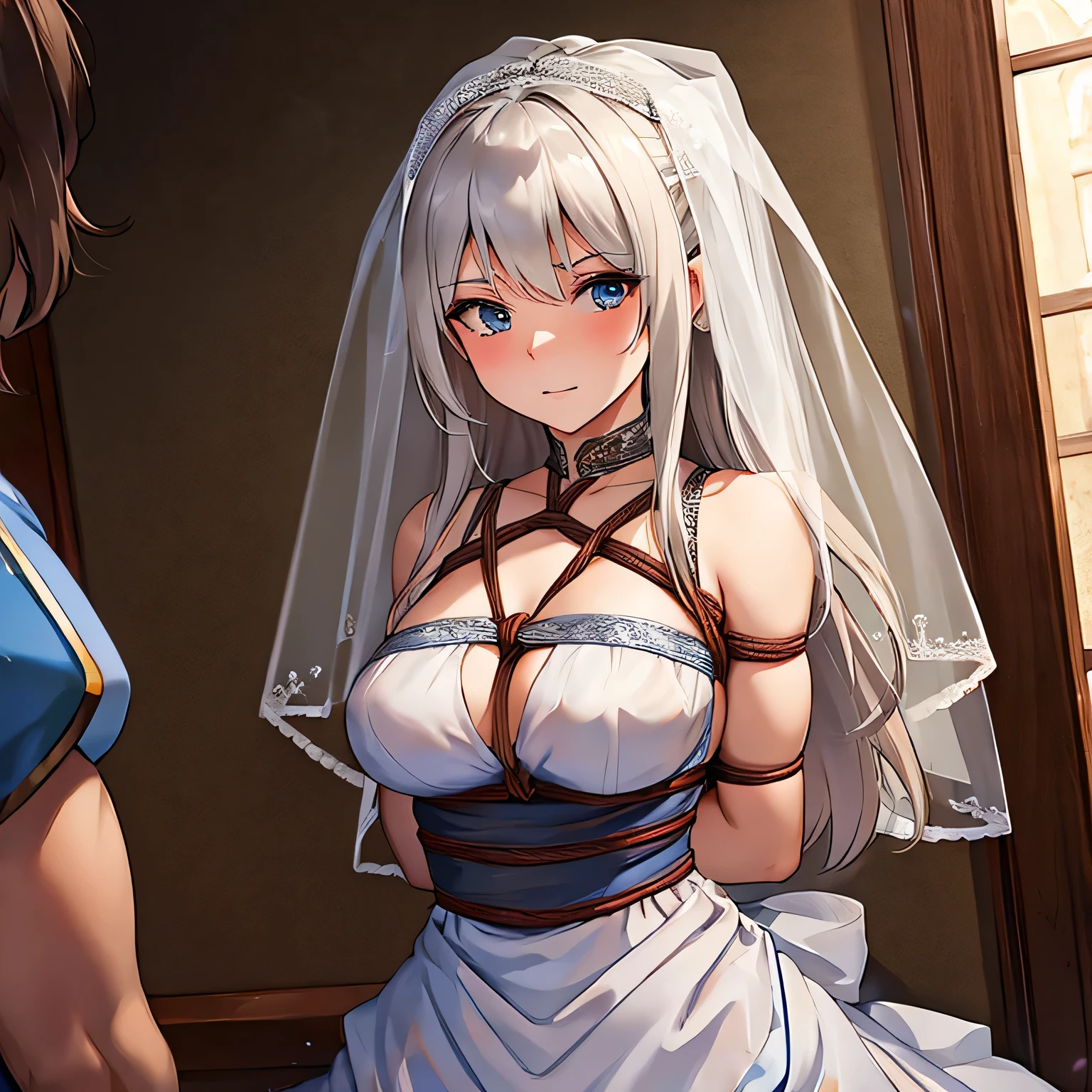 Make a picture where a bride is tied up, a female thief behind her who is tie her with rope, bound,BridesRoleplayCostume