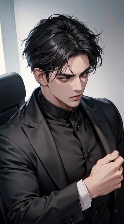 (best quality, masterpiece, 8K, photorealistic, cinematic lighting, hdr image, ultra detailed, beautiful image), 1 man, mature, very handsome, serious expression, short black hair, black eyes, arranging suit