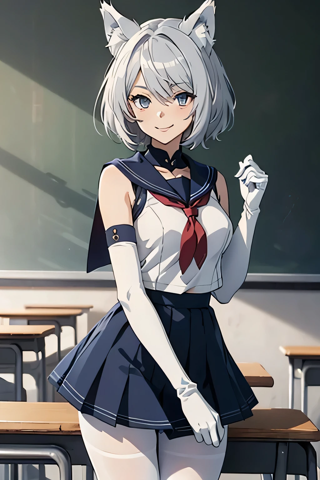 Tabletop Best image quality wonderful Attention to detail One Young Woman((Adult))Anime Style white sailor suit(Sleeveless) Navy blue mini skirt Lift up the skirt Pure white gloves(Elbow Gloves) White Pantyhose(Plain) wolf ears short hair((Shortcuts)(Gray Hair)(Curly Hair)(fluffy)) smile(Happy) Eye color is blue background(classroom)