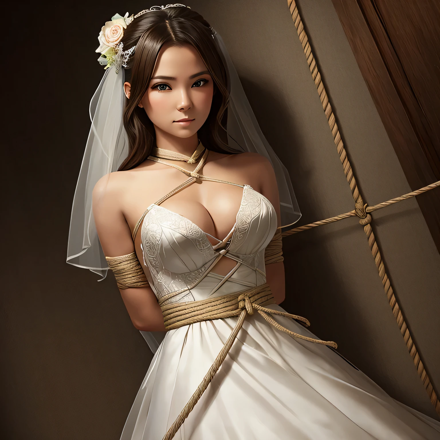  Make a picture where a bride is tied up, a female thief behind her who is tie her with rope, bound,BridesRoleplayCostume