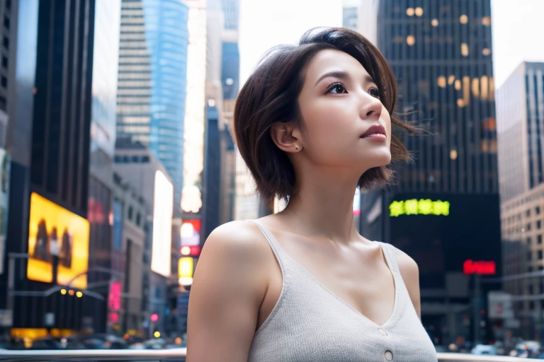 (Highly realistic photos, High resolution, Detailed face, Beautiful Eyes), Wide shot of a beautiful Japanese woman looking up at the skyscrapers of Times Square,Serious expression, alone, ((ponytail、Updo, short hair)), White skin, light makeup,, Ample breasts、Wearing a grey knitted dress,Wearing a V-neck dress,Serious expression、White wall background, ((whole body)), 超High resolution、Bright white light illumination