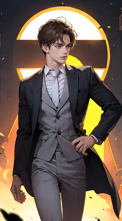 masutepiece, Best Quality, Realistic, 1man, matured male, Quiet and charming young man, 25 years old, closing eye, Serious look, extra detailed face, ((dark grey eyes)), ((Short right sweep dark brown hair)), [Thick eyebrows], detective, Plain background, ((Suit)), Cinematic lighting, gaze at the audience, Postural dynamics