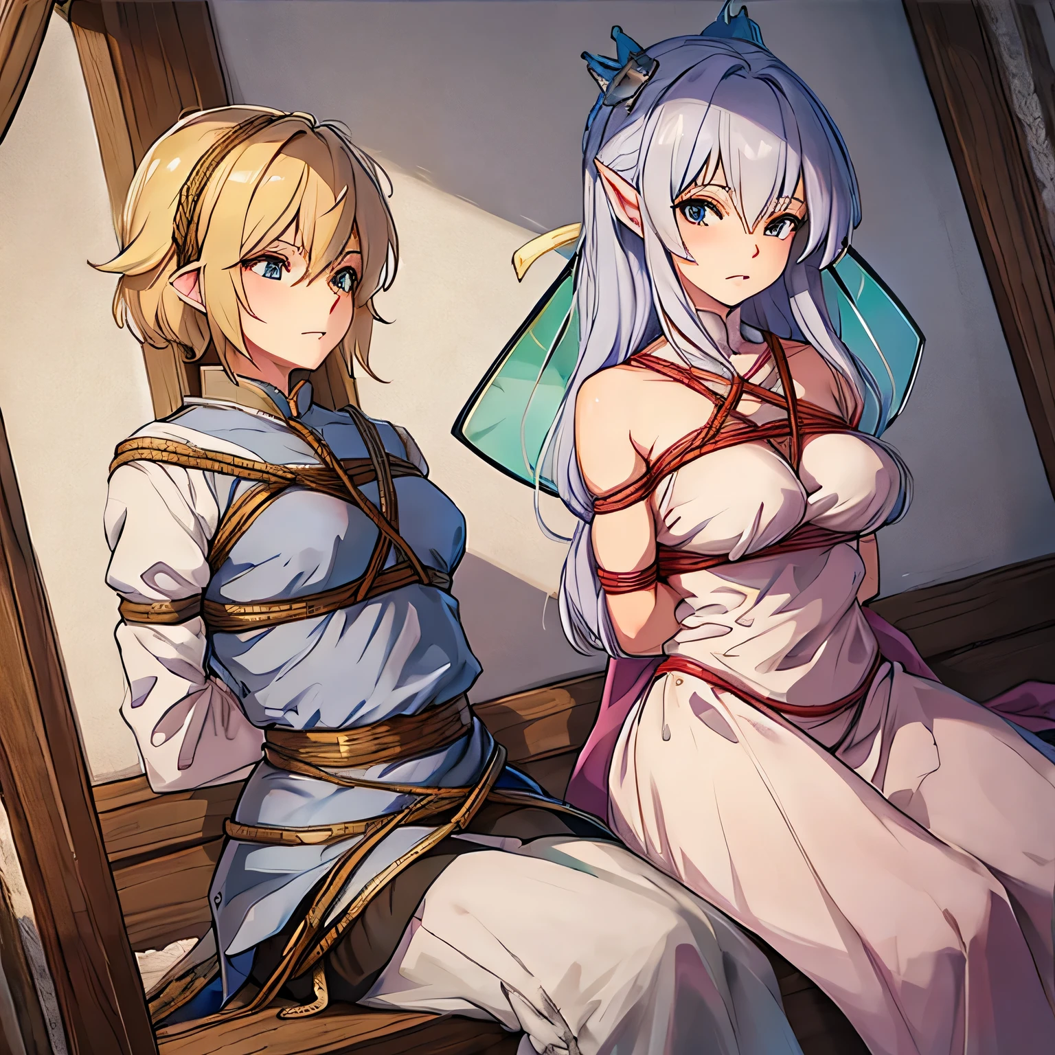  Make a picture where a fairy is tied up by two burglars.  There is a rope on the net that a queen is holding with her hand. bound